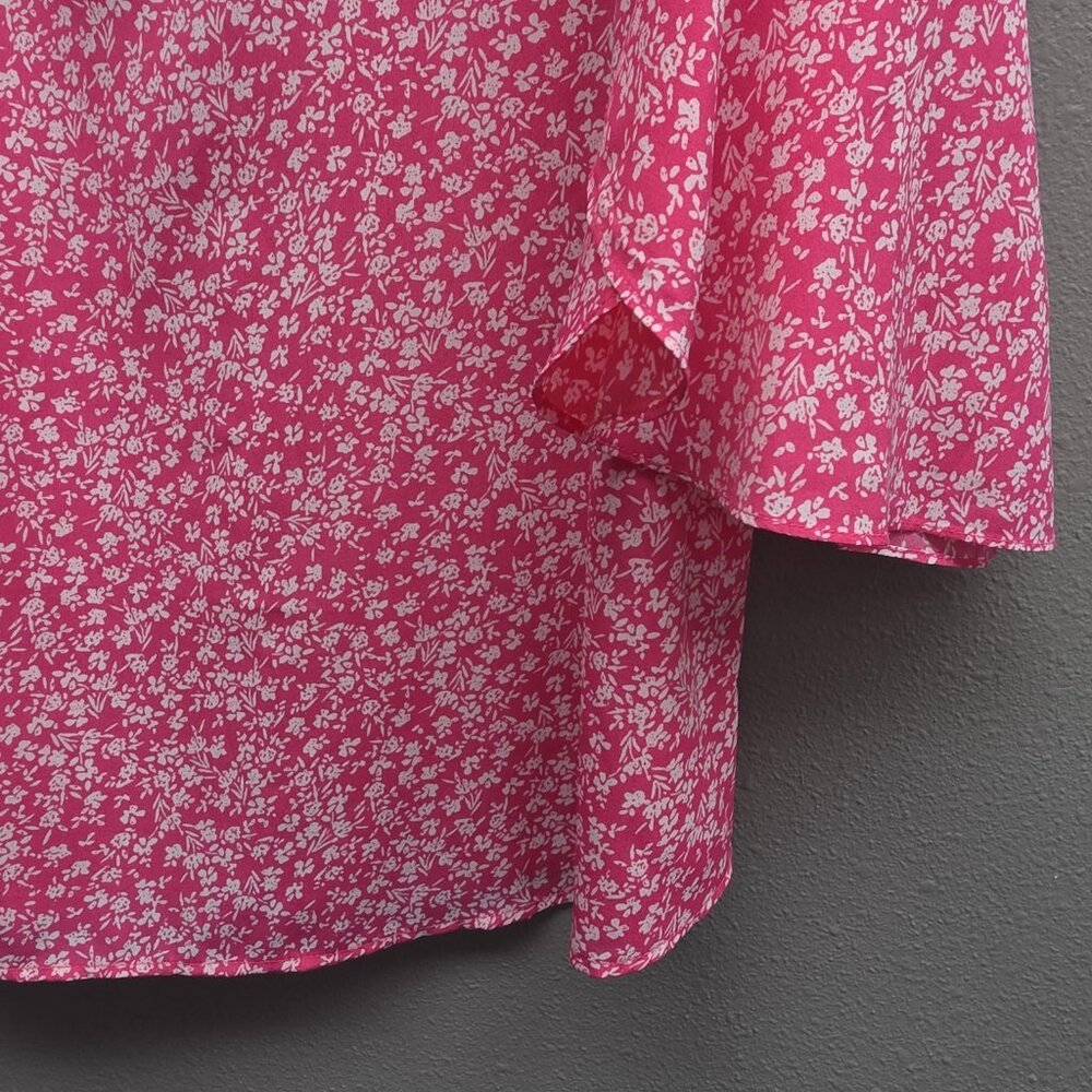 Gaharu Shirt Womens 2XL Pink Floral Split V Neck Bell Sleeve Flutter Blouse - Picture 4 of 12
